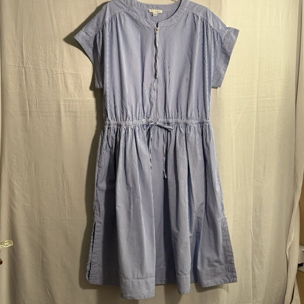 Free Assembly Blue White Striped Dress XL Tie Waist 100% Cotton Casual MIDI